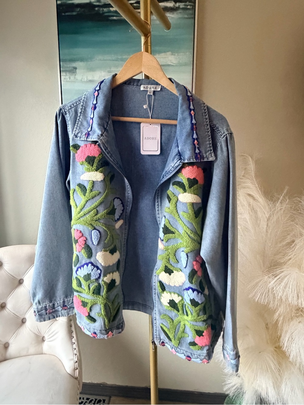 NWT Adore XL Embroidered Zip Front Denim Jacket Floral Statement Blue Boho - Picture 10 of 15